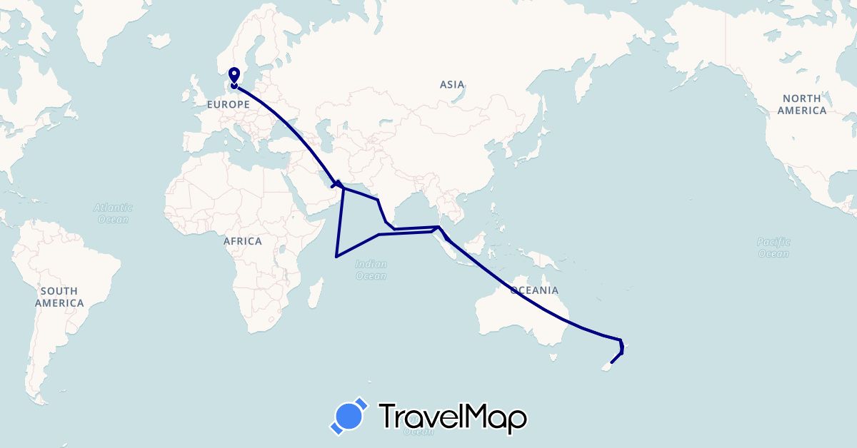 TravelMap itinerary: driving in United Arab Emirates, Denmark, Indonesia, India, Sri Lanka, Maldives, Malaysia, New Zealand, Oman, Seychelles, Singapore, Thailand (Africa, Asia, Europe, Oceania)